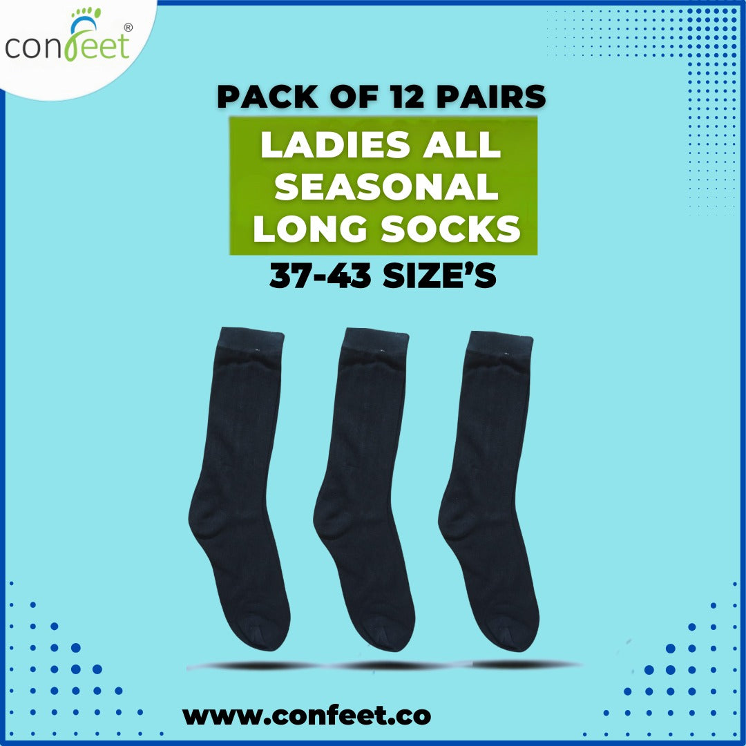 Ladies All-Season Long Socks – Pack of 12 Pairs (Black)