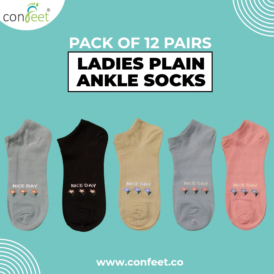 Pack of 12 pairs of ladies plain ankle socks with 'nice day' text on a teal background, featuring the brand 'confeet'.