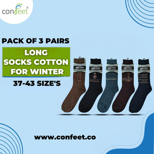 Long Cotton Socks for Winter - Pack of 3 Pairs