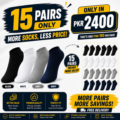 Premium-Plain Color-Ankle Socks (15 Pairs)