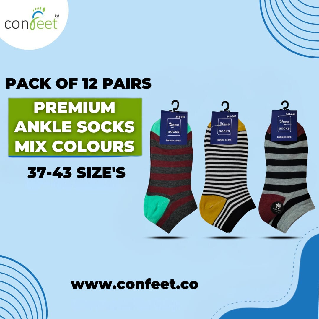 Premium-Colorful Striped-Ankle Socks (12 Pairs)