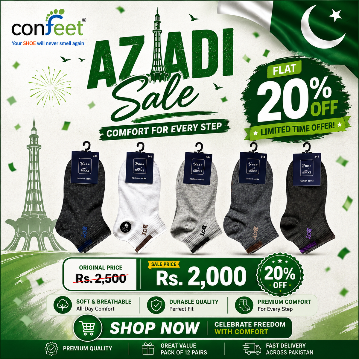 Confeet Premium Casual Ankle Socks-Plain Colors (12 Pairs)