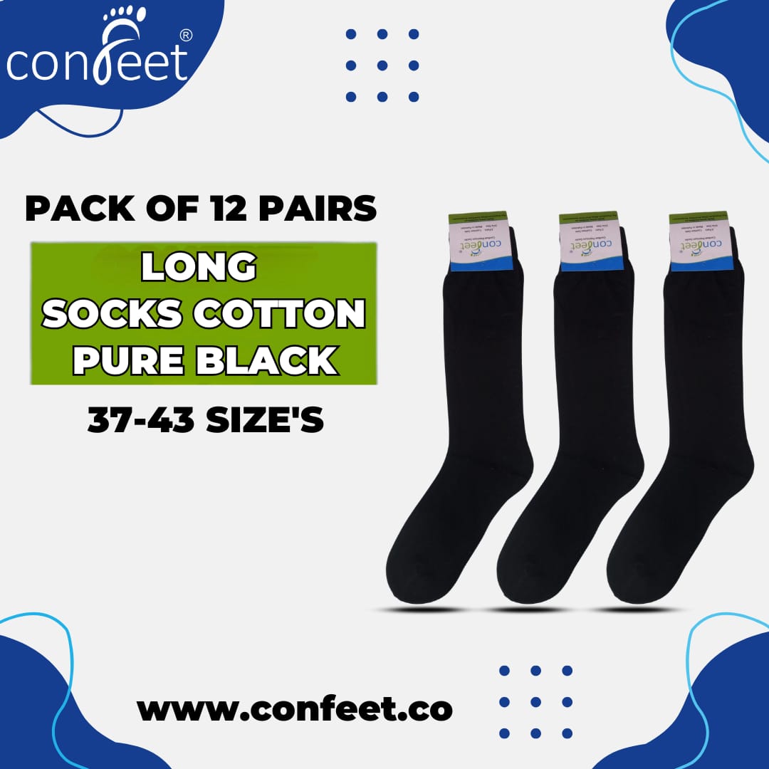 All Seasons Long Cotton Socks (Pure Black)-12 Pairs